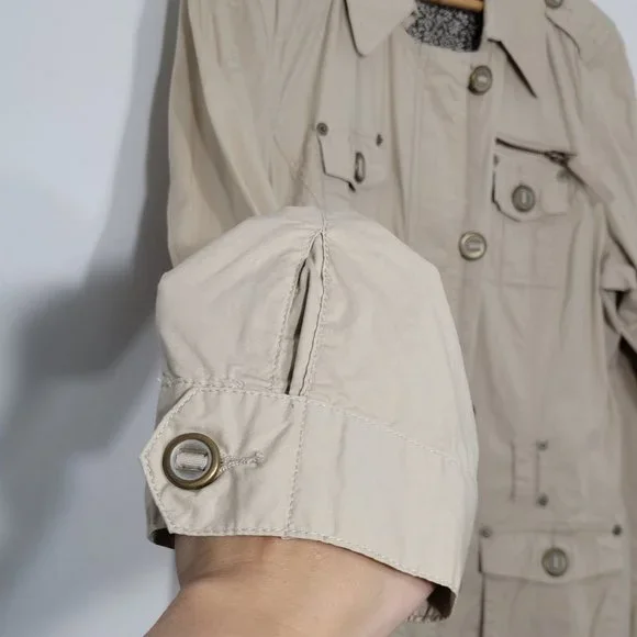 Studio Mode Womens Utility Jacket Pockets Cotton Blend Button Khaki Tan Large - Picture 2 of 12